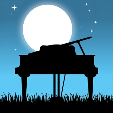 A black piano, with a sleek and elegant design, is silhouetted against a bright full moon illuminating the night sky. The moon casts a soft glow, creating a stark contrast between the instrument and the shimmering backdrop. The field is open and expansive, with gently swaying grass that reflects the moonlight, adding depth to the scene. Stars twinkle faintly in the background, enhancing the serene atmosphere of the quiet night.