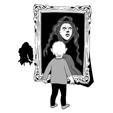 A character stands in front of an ancient, ornate mirror framed in intricate patterns. The mirror's surface is slightly tarnished, creating an eerie effect. The character has wide eyes and a look of shock as they gaze into the mirror. In the reflection, a distorted and frightening figure looms, with sharp features and unsettling eyes, contrasting against the character's normal appearance. The scene is dimly lit, adding to the sense of mystery and fear. Shadows dance around the character, emphasizing the tension in the moment.