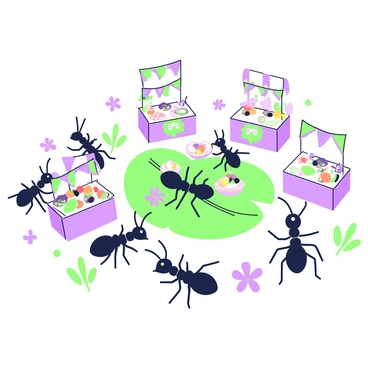 A vibrant harvest festival hosted by ants is taking place on a small patch of ground. Tiny food stands are arranged in a semicircle, each stand displaying an array of miniature fruits, vegetables, and treats. Colorful banners made from leaves and petals hang between the stands. Ants are bustling around, carrying tiny plates filled with food. In the center of the scene, a large, decorated leaf serves as a dining area, where several ants are gathered, enjoying their meal. Small flowers are scattered throughout the area, adding to the festive atmosphere.