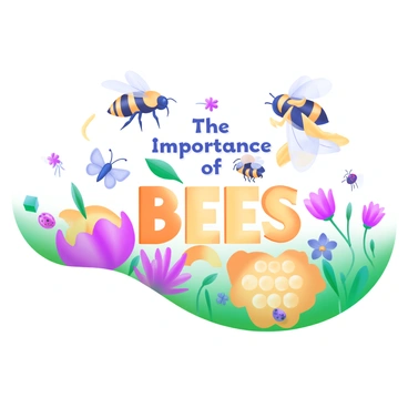 A vibrant illustration showcasing a variety of bees in different positions, such as a honeybee mid-flight and a bumblebee perched on a flower. The background features a lively garden filled with blooming flowers in shades of pink, yellow, and blue. Nearby, a honeycomb structure is visible, with a few bees crawling around it. The words "The Importance of Bees" are displayed prominently in the center in bold, friendly letters, surrounded by lush greenery and small insects like butterflies and ladybugs.