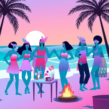 A vibrant beach scene during sunset, with colorful hues of orange, pink, and purple in the sky. The sun is low on the horizon, casting a warm glow over the sandy beach. A group of guests, dressed in light, flowy summer outfits, are gathered together, engaging in cheerful conversations. Each guest is wearing a unique masquerade mask, featuring intricate designs such as feathers, beads, and floral patterns. Some guests are dancing near a bonfire, while others are enjoying refreshments at a nearby table adorned with tropical decorations. The gentle waves of the ocean lap at the shore, enhancing the festive atmosphere of the beach party.