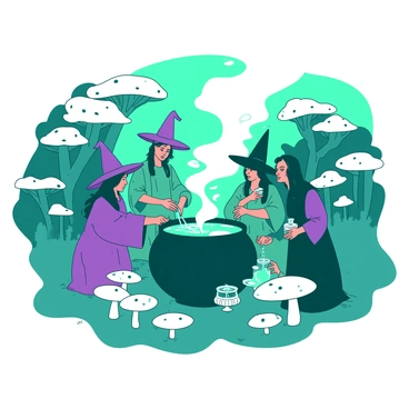 A teal clearing is filled with a group of witches, each wearing different traditional robes. They are gathered around a large, bubbling cauldron that emits wisps of steam. The witches are intently stirring various colorful ingredients into the pot. Surrounding them are clusters of glowing mushrooms, casting a soft light in shades of white and providing an enchanting atmosphere. Some of the witches are holding small jars filled with shimmering powders, while others are pouring in liquid from ornate vials. The scene is vibrant and alive with the energy of potion-making.