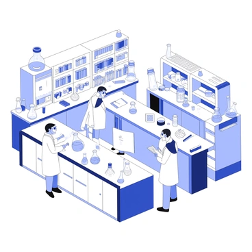 A bustling chemical laboratory is filled with multiple scientists engaged in collaborative projects. The room features large workbenches covered with glass beakers, test tubes, and various lab equipment. Each scientist wears a lab coat and safety goggles, with one examining a reaction in a flask, while another writes notes on a clipboard. There are shelves lining the walls, stocked with colorful chemicals and reference books. A fume hood stands in one corner, indicating ongoing experiments. Overhead, bright lights illuminate the space, highlighting the focused expressions of the scientists as they discuss their findings.