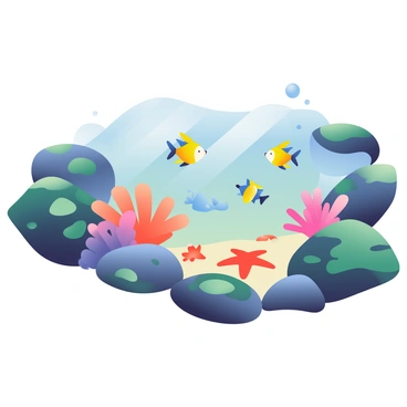 A tide pool is prominently featured in the foreground, filled with clear water that reflects the sunlight. The pool is surrounded by smooth, dark rocks covered in patches of green seaweed. Inside the tide pool, there are several miniature tropical fish, including bright yellow and blue ones, swimming playfully among the colorful sea life. Vibrant coral formations in shades of pink, orange, and purple are visible beneath the water's surface. Small sea anemones with flowing tentacles sway gently in the water, and a few starfish in vivid red and orange hues rest on the sandy bottom. Tiny bubbles rise to the surface, adding a sense of liveliness to the scene.