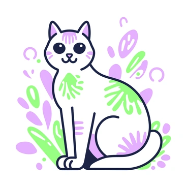 A graceful cat sits elegantly in a relaxed position. The cat's body features flowing lines, accentuating its smooth form. Intricate ornate patterns decorate the cat's fur, adding a sense of detail and texture. The cat's eyes are large and expressive, staring forward. Its tail curls softly around its body, enhancing its graceful appearance. Surrounding the cat, there are subtle decorative elements that complement its form, creating a harmonious composition.