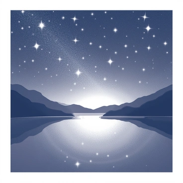 A night sky is filled with numerous twinkling star spren, each exhibiting a subtle glow. Below, a calm lake reflects the shimmering light from the sky, creating a sense of tranquility. The surface of the water is smooth and undisturbed, mirroring the celestial bodies above. The surrounding landscape is silhouetted against the illuminated sky, adding depth to the scene.
