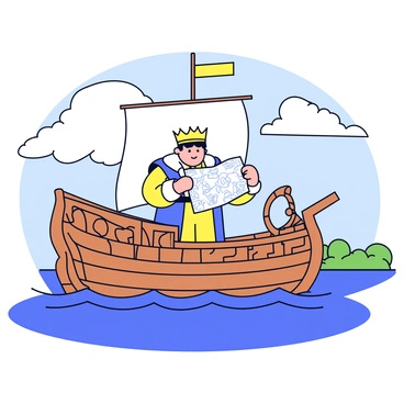 A king wearing a royal outfit with a gold crown stands confidently at the helm of a sturdy ship. The ship has white sails billowing in the wind and intricately carved wooden railings. The king holds a large map in one hand, studying it intently while the other hand rests on the ship's wheel. The sea around the ship is depicted with gentle waves, reflecting various shades of blue and green. In the distance, small islands with lush vegetation can be seen, hinting at the adventure ahead. The sky above is partially cloudy, adding to the sense of exploration in the mystical seas.