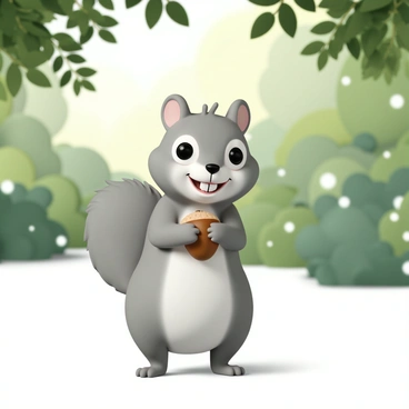 A small squirrel with fluffy gray fur is standing on its hind legs, holding a shiny brown acorn in its paws. The squirrel has bright, expressive eyes and a mischievous grin on its face, revealing its tiny teeth. Its bushy tail is curled up behind it, adding to its playful appearance. The scene is set in a vibrant green forest, with patches of sunlight filtering through the leaves above, casting dappled shadows on the ground.