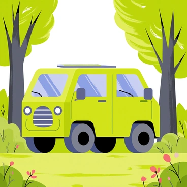 An eco-friendly electric truck with a sleek design, painted in a vibrant green color, is driving through a lush green forest. The truck has large, off-road tires and solar panels installed on its roof. Surrounding the truck, tall trees with thick trunks and dense foliage provide a canopy overhead, with sunlight filtering through the leaves. The ground is covered in soft moss and scattered wildflowers, while a clear blue sky is visible through the gaps in the tree branches. The scene captures a sense of harmony between technology and nature.