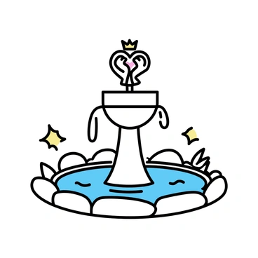 A garden fountain, featuring a sculpture of the "Claddagh symbol" at its center. The fountain has a circular base with clear water flowing gracefully from the top of the sculpture. Around the fountain, there are neatly arranged stones and small plants, creating a serene setting. The Claddagh symbol depicts two hands holding a heart, topped with a crown, all intricately carved and detailed. The water cascades gently down, creating ripples in the fountain's basin. Sunlight reflects off the water's surface, enhancing the tranquil atmosphere of the garden.