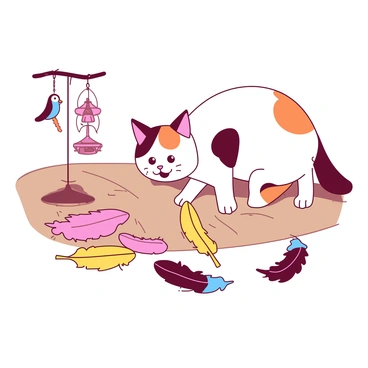A white calico cat with orange and black patches is playfully batting at several colorful feathers scattered on a light brown wooden floor. The feathers are in various shades including pink, yellow, and blue, creating a vibrant scene. The cat's eyes are wide with excitement as it crouches low, ready to pounce on the feathers. In the background, there is a bird toy hanging from a small stand, hinting at the source of the feathers.
