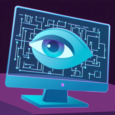 A detailed eye with intricate details and a reflective surface is peering through a sleek, modern computer screen. The screen displays glowing data streams and digital patterns in vibrant colors that suggest an advanced technological environment. The surrounding area is dimly lit, emphasizing the contrast between the eye and the illuminated screen. The eye conveys a sense of vigilance and awareness, embodying the theme of surveillance as it looks intensely at the viewer.