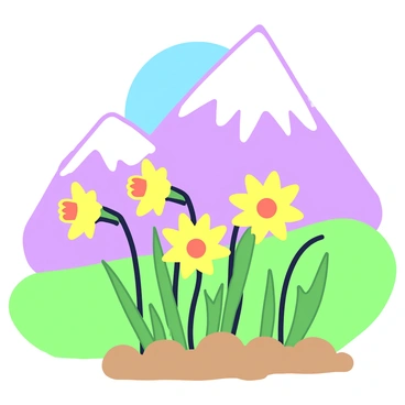 A cluster of daffodils is blooming at the base of a majestic snow-capped mountain. The daffodils have bright yellow petals arranged in a trumpet shape, standing tall among lush green grass. The mountain towers in the background, its peak covered in white snow that glistens in the sunlight. In the foreground, the vibrant flowers create a contrast against the earthy tones of the soil. A clear blue sky stretches above the scene, enhancing the beauty of the natural landscape.