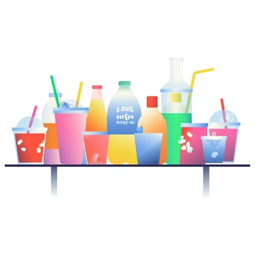 A table is filled with a variety of sweetened drinks. Each drink has a different color, including bright red, deep blue, and vibrant green. There are glass bottles, cans, and cups arranged neatly. Each container has a visible label showing its sugar content in grams, with clear, bold text. Some drinks have ice cubes visible inside, while others have colorful straws. The background is softly blurred, bringing focus to the drinks and their labels.