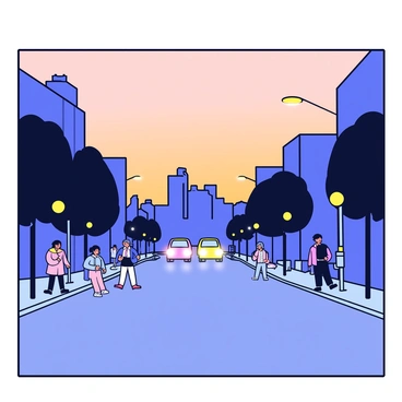 A city street at dusk with soft, fading light. The sky is painted in shades of orange and purple as the sun sets. Shadows stretch across the pavement, and silhouettes of buildings loom in the background. A few street lamps begin to glow, casting a warm yellow light onto the sidewalk. There are scattered figures of people walking along the street, wrapped in light jackets, some conversing in pairs. Distant cars can be seen moving along the road, their headlights flickering softly in the evening light. The atmosphere is calm and peaceful.