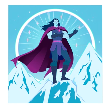 A powerful figure of Lucifer with striking features, including sharp cheekbones and deep-set eyes, stands triumphantly on a snow-covered mountain peak. He has long flowing hair that glitters like ice under the sun, and a dark, billowing cloak that contrasts with the bright white snow. His stance is confident, with one foot elevated on a rocky outcrop, showcasing his dominance over the landscape. The sky is a clear blue, and the sun casts a radiant light, creating a dramatic contrast against the icy backdrop. Snowflakes gently fall around him, adding a dynamic element to the scene.