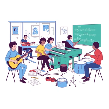 A white music classroom is filled with eager students learning different instruments. In the center, a group of diverse students is gathered around a teal piano, taking turns to play melodies. To the left, one student is enthusiastically strumming a yellow guitar, while another is practicing with a red violin. On the right side of the room, a student is focused on beating a blue drum, creating a rhythmic sound. Various music sheets are scattered across the desks, and a large chalkboard at the front displays musical notes and diagrams. The walls are adorned with posters of famous musicians and instruments, adding to the lively atmosphere of the classroom.