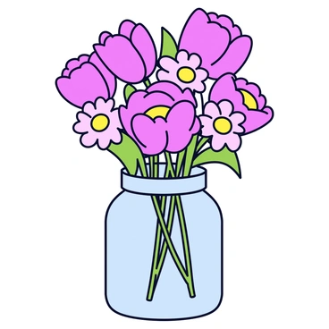 A glass jar filled with a mixed bouquet of various pink flowers. The bouquet includes roses with soft petals, tulips with a smooth shape, and daisies with round centers. The flowers are arranged with varying heights, creating a visually appealing display. The jar has a simple, clear design that allows the flowers to be the focal point. The setting is bright and cheerful, enhancing the beauty of the pink hues.