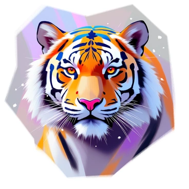 A close-up view of a tiger's head, showcasing its fierce expression and intricate details. The fur exhibits vibrant galaxy colors, blending deep blues, purples, and hints of magenta, resembling a cosmic scene. The eyes of the tiger are sharp and focused, surrounded by swirling starry patterns that contrast with the colorful fur. Stars twinkle within the patterns, enhancing the ethereal quality of the image. The background is softly blurred to emphasize the tiger's head, creating a striking visual effect.