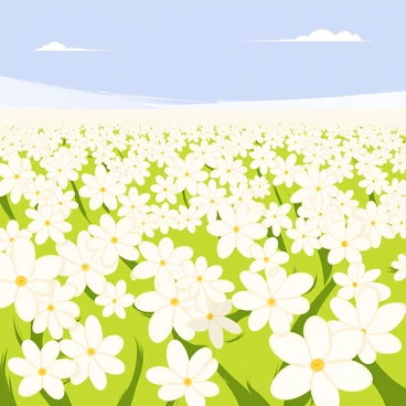 A vast field filled with white gardenia flowers, their petals glistening in the sunlight. The flowers are clustered together, creating a lush carpet of greenery adorned with delicate blooms. In the distance, the gardenias stretch towards the horizon, blending seamlessly into the landscape. Above, the sky is clear blue with a few soft white clouds scattered throughout. The scene captures the beauty and abundance of the blooming gardenia field.