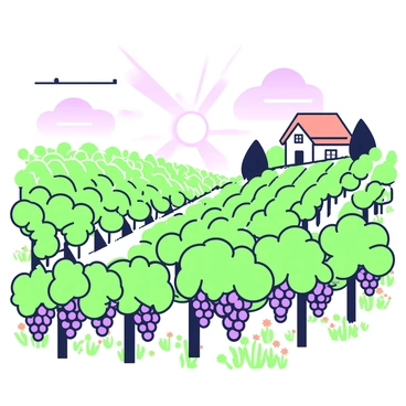 Sunlight is streaming over a vast expanse of grapevines in a French vineyard. The vineyard is organized in neat rows, each row lined with lush green grapevines heavy with clusters of ripe grapes. Gentle hills roll in the background, dotted with patches of wildflowers. The sky above is clear with a few soft clouds, casting shadows over the vineyard. In the distance, a rustic farmhouse with a terracotta roof can be seen, surrounded by additional grapevines.