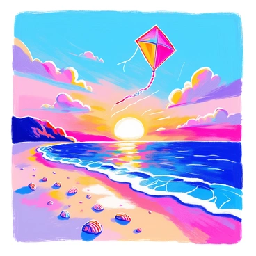 A lone kite with vibrant colors is soaring high in the sky. The kite's tail dances gracefully in the wind. Below, a sandy beach stretches out, dotted with small seashells. The sun is setting on the horizon, casting warm hues of orange, pink, and purple across the sky. Gentle waves lap at the shore, reflecting the colors of the sunset. A few wispy clouds are illuminated by the fading light, adding depth to the scene.