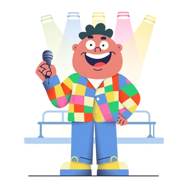 A cartoon caricature of a comedian stands in the center of the image. The comedian has a large, oversized head with exaggerated facial features, including a wide grin and large expressive eyes. He is wearing a colorful, checkered jacket with vibrant patterns. In one hand, he is holding a classic black microphone, raised as if he is in the middle of a performance. The background features a simple stage setup, with colorful spotlights shining down, creating a lively atmosphere.