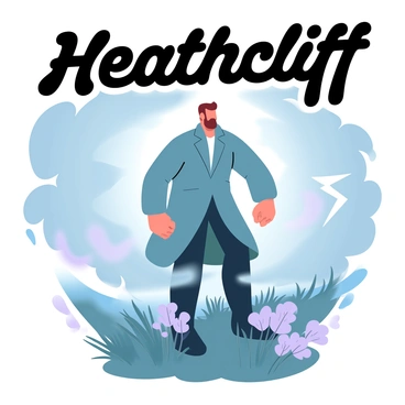 Heathcliff is standing defiantly on the rugged moors, surrounded by swirling winds and dark, heavy clouds that dominate the sky. His long coat billows around him in the gusts, and he is positioned with strong posture, his hands clenched at his sides. The grass and wild heather bend beneath the force of the storm, and flashes of lightning illuminate the scene intermittently. In the background, the tumultuous storm clouds create a dramatic contrast against the landscape, enhancing the intensity of the moment. "Heathcliff" is prominently displayed above him in bold, striking letters.