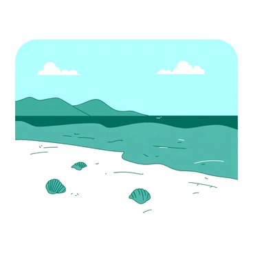 A teal seaside view features gentle waves softly lapping against a white sandy beach. The horizon is clear, with a few fluffy white clouds scattered across the blue sky. The sand is smooth and undisturbed, with a few seashells scattered around. In the distance, there are silhouettes of distant hills that meet the sea, creating a peaceful atmosphere. Overall, the scene captures a calm and inviting beach landscape.