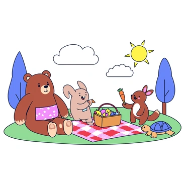 A group of animals enjoying a picnic in the park. There is a bear with a red checkered blanket spread out on the grass. A rabbit is happily munching on a carrot. A squirrel is holding a small acorn, looking excited. Nearby, a turtle is slowly approaching the picnic basket, which is filled with fruits and snacks. In the background, trees are gently swaying, and a bright sun is shining overhead.