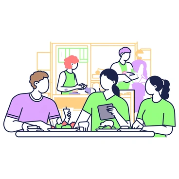 A group of three customers is seated at a table in a local restaurant. Two customers, a man and a woman, are smiling and engaged as they fill out feedback forms on their tablets. The man has short brown hair and is wearing a blue shirt, while the woman has long black hair tied back and is wearing a green dress. The third customer, a woman with curly red hair, is looking at the tablet and discussing something with the others. There are plates of food and drinks on the table, and a waiter can be seen in the background, attending to another table. The restaurant has a cozy atmosphere, with wooden furniture and warm lighting.