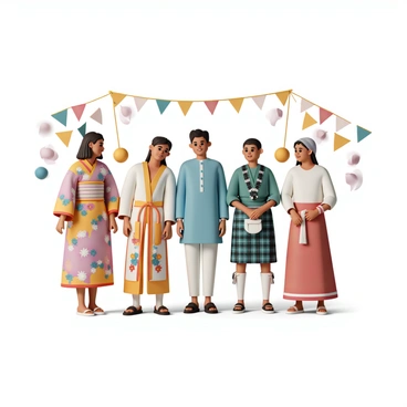 A colorful cultural muster featuring traditional costumes from around the world