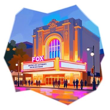 The iconic Fox Theatre in Atlanta stands majestically at night, illuminated by its bright marquee lights. The ornate architectural details of the building are prominently displayed, showcasing intricate designs and carvings. The marquee, glowing with vibrant colors, features the text “"Fox Theatre"” in bold letters. Surrounding the theatre, the street is bustling with people, some admiring the building while others are arriving for an event. The night sky is deep blue, contrasting with the warm light emanating from the theatre, creating a captivating scene.