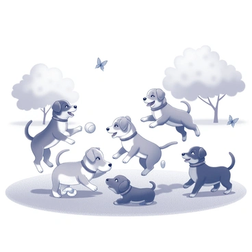 A group of puppies of various breeds playing energetically on a grassy field. The puppies are engaged with different types of toys, such as a ball, a rope, and a plush toy. The scene includes a few trees in the background providing shade, and a clear blue sky above. The puppies exhibit playful behavior, with some jumping while others are rolling on the ground. A couple of butterflies are flying nearby, adding to the lively atmosphere of the park.