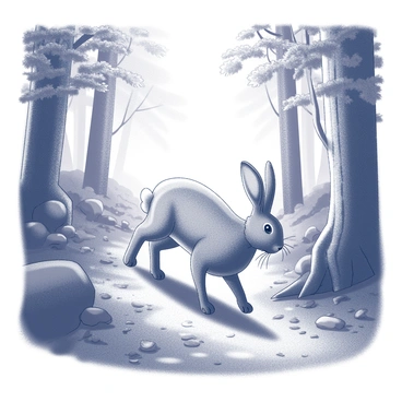 A hare is depicted cautiously stepping out from the shadows of dense foliage. The hare has long ears perked up, and its fur is textured, blending with the surrounding environment. The forest path is visible, covered with scattered patches of sunlight filtering through the tree canopy. The trees on either side of the path are tall and leafy, creating a natural frame for the scene. The ground is uneven with fallen leaves and small stones, adding to the forest atmosphere.