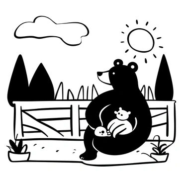 A bear family consisting of a large adult bear and two smaller cubs sitting on a wooden porch of a cottage. The adult bear is positioned slightly to the left, looking out towards the horizon, while one cub is sitting beside it and the other is playfully resting on its back. The scene includes a wooden railing and potted plants on either side of the porch. In the background, a large sun is setting, casting rays across the sky, and the silhouette of trees can be seen against the glowing horizon. The atmosphere conveys a sense of calmness and togetherness.