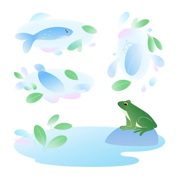 A small tadpole is swimming in a clear, shallow pond surrounded by green aquatic plants. The tadpole's body is elongated and has a flat tail. In the second illustration, the tadpole is partially transformed, with small legs beginning to sprout from its body, still swimming alongside lily pads. The water is reflecting soft light, and the plants are vibrant. In the final illustration, a small frog is perched on a smooth rock at the edge of the pond. The frog has developed strong legs and is a vibrant green, blending with the natural surroundings. The scene captures the transformation with gentle ripples in the water and a soothing atmosphere.