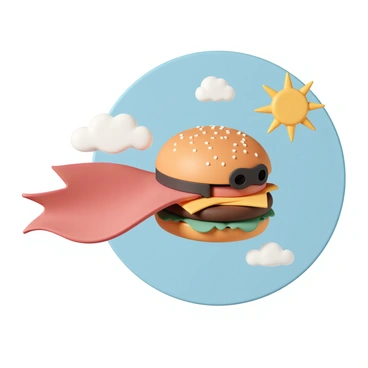 A burger, with a sesame seed bun, bright yellow cheese, fresh lettuce, and a juicy beef patty, is dressed as a superhero. The burger is wearing a red cape that flows dramatically behind it as it flies through a clear blue sky. A small mask covers its eyes, completing the superhero look. The burger is positioned at an angle, showing movement, with fluffy white clouds floating nearby. The sun shines brightly, casting a warm glow on the scene.