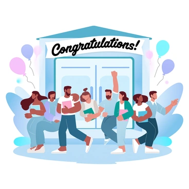 A group of students is gathered outside a school building, engaged in lively conversation. They are holding books and folders, reflecting the completion of their exams. Some students have their arms around each other, showing camaraderie and joy. Balloons in various colors are floating in the air, adding to the festive atmosphere. A large banner that reads "Congratulations!" is hung above the entrance of the school. The scene is filled with vibrant colors, capturing the excitement of the moment.