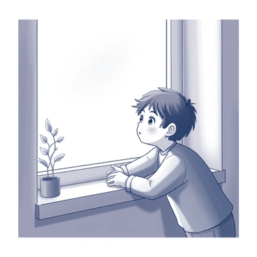 A child with bright eyes gazing out of a window. The child has short, tousled hair and is wearing a cozy sweater. The window frame is wooden with a few small plants sitting on the sill. The child is leaning slightly forward, with hands resting on the ledge, displaying a hopeful expression. Sunlight streams through the glass, creating a soft play of light and shadows inside the room.