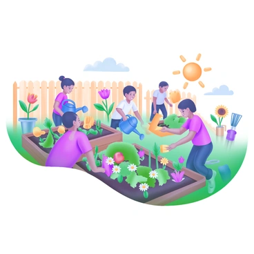 A modern pastel illustration depicting a group of students actively tending to plants and flowers in a community school garden. Several children are seen watering colorful flower beds with small watering cans. One student is kneeling beside a vegetable patch, carefully pulling out weeds. Nearby, another student is planting seedlings into the soil, while a few others are examining the lush greenery. Brightly colored flowers, such as daisies, tulips, and sunflowers, are flourishing in the garden. The sun is shining, casting a warm light over the scene. In the background, a wooden fence encloses the garden, and some garden tools are neatly arranged nearby.