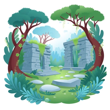 Mysterious ancient ruins are partially hidden among dense, vibrant green foliage in a lush jungle. Towering trees surround the structure, their branches adorned with thick vines that cascade down the weathered stone walls. Moss blankets the surfaces of the ruins, creating a natural carpet that adds to the image's richness. Sunlight filters through the canopy above, casting dappled patterns of light and shadow on the ground, enhancing the sense of depth and age surrounding the site. Ferns and other tropical plants sprout in abundance, creating a vivid backdrop against the ancient stones.