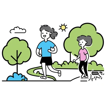 A jogger wearing a bright blue t-shirt and black shorts is running along a winding path in a park. The jogger is wearing white running shoes and has earbuds in, listening to music. Lush green trees line the pathway, with patches of colorful flowers blooming nearby. The sun is shining brightly, creating a warm atmosphere in the park. A few scattered clouds are visible in the clear blue sky. In the background, another person is walking their dog, adding to the tranquil park setting.