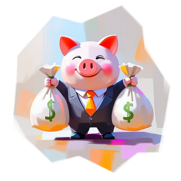 A cartoonish piggy bank character designed to look like a businessman. The piggy bank has a shiny, round body and is dressed in a tailored suit complete with a tie. It is holding two large bags of money, each bulging and marked with a dollar sign. The character has a playful expression, with one eye closed in a wink, conveying a sense of humor and charm. The background features a simple, colorful setting that enhances the cheerful vibe of the mascot.