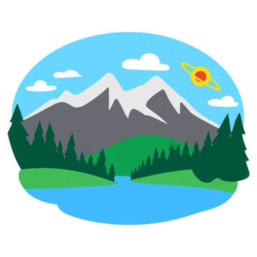 A majestic mountain landscape with towering, rugged peaks reaching toward the sky. The scene features a variety of green conifer trees lining the foothills and valleys below the mountains. In the background, a distant pulsar emits a soft, glowing light that casts a gentle illumination across the scene. Wispy clouds drift lazily above the peaks, adding texture to the bright blue sky. The foreground shows a tranquil lake reflecting the stunning landscape, capturing the colors of the mountains and the light from the pulsar.