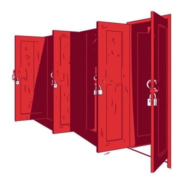 A series of red wooden doors, each with multiple shiny metal locks, stands slightly ajar. The doors are arranged in a staggered manner, creating a sense of depth. Each door has a different design etched into its surface, showcasing intricate patterns. The spaces between the doors reveal glimpses of a dimly lit corridor behind them, casting soft shadows on the walls. The locks appear old but well-maintained, with some having a rusty patina while others gleam in the faint light.