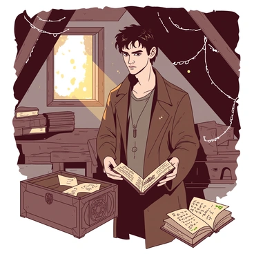 Victor Frankenstein, a young man with disheveled dark hair and wearing a worn brown coat, is standing in a dusty attic filled with cobwebs. Sunlight filters through a small, grimy window, casting a warm glow on the scene. He is holding an ancient, leather-bound grimoire with intricate designs embossed on the cover. The grimoire is partially open, revealing faded handwritten pages filled with mysterious symbols and illustrations. Surrounding him are stacks of old books and scattered papers, while a wooden chest lies half-open nearby, hinting at further secrets. Dust motes dance in the air, enhancing the atmosphere of discovery and intrigue.