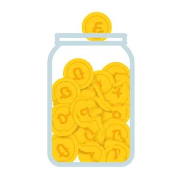 A clear glass jar filled to the brim with shiny, gold coins shaped like the "CPF" logo. The jar is cylindrical with a round lid, and the coins are stacked neatly, reflecting light and creating a glimmering effect. Some coins are partially visible at the top of the jar, showcasing the intricate designs on their surfaces, while others are hidden below. The background is a simple, light color that enhances the vibrancy of the coins.