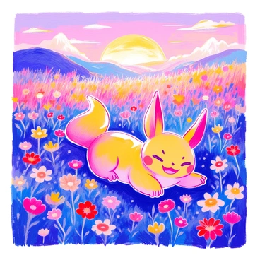 A "Gengar" character is lying comfortably in a "flower-filled meadow" during "sunrise." The meadow is vibrant with various flowers in full bloom, showcasing a spectrum of colors including reds, yellows, and blues. The soft rays of the rising sun cast a warm golden light over the scene, illuminating the "Gengar" with soft shadows. The "Gengar" has its signature mischievous grin, blending harmoniously with the natural beauty of the meadow. Above, the sky transitions from deep purple to soft pink, adding to the tranquil mood of the scene.