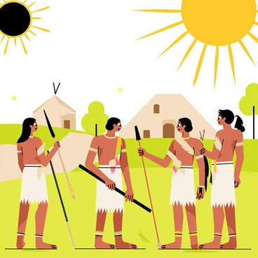 A group of individuals from an ancient civilization stands on a grassy hilltop, their faces turned towards the sky. They are dressed in simple tunics made of natural fibers. Some of them hold wooden staffs adorned with feathers, while others have primitive stone tools in their hands. The solar eclipse is depicted as the moon partially covering the sun, casting a shadow across the landscape. The sky transitions from bright daylight to a darker hue, with stars faintly visible. In the background, there are simple huts made of clay and thatch, and some trees providing shade. The scene conveys a sense of wonder and curiosity as the observers take in the celestial event.